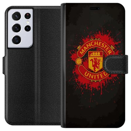 Kompatibelt Lommeboketui til Samsung Samsung Galaxy S21 Ultra 5G Manchester United logo i rød og gul farge med røff sportslig bakgrunn