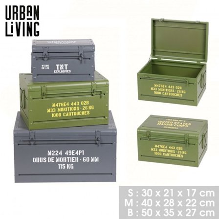 Tre förvaringskistor i industriell stil LOFT & METALL - Grå och olivgrön - Metall - 3 storlekar