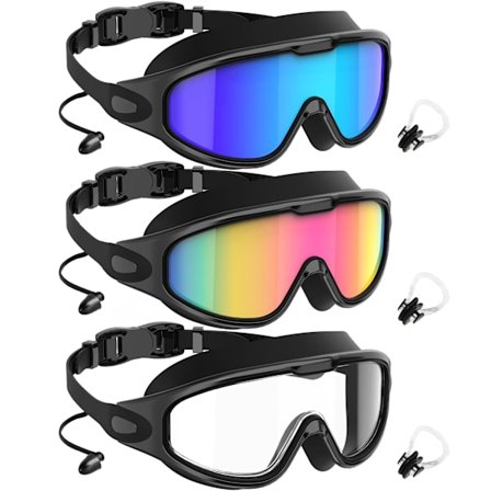 Uimalasit aikuisille, 3 kpl, laaja näkökenttä, UV400-suoja, huurtumaton, tiivis, miehille ja naisille