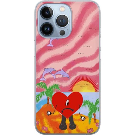 Kompatibelt Mobildeksel til Apple iPhone 13 Pro Bad Bunny i en fargerik quiltet jakke med hjertemønster og solbriller i moderne gatestil