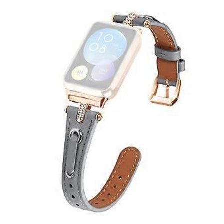 Kompatibelt för Xiaomi Smart Band 8 Pro Rhinestone Äkta Läder Klockarmband (Roséguld Spänne) (Grå)