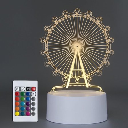 Ferris Wheel 3D Illusion Lamp, Akryl 3D Lamp LED Nattlampa med Fjärrkontroll 16 Färgförändrande Skrivbordslampa, Barn Gamer Rum Dekor Plug