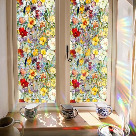 Ikkunakalvo Retro Kukat Perhonen, Staattinen Ikkunatarra, Näkösuoja Ikkunakalvo 43x100cm, UV-suoja_tfrf