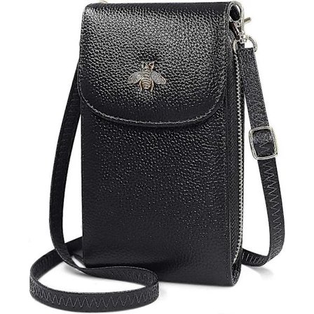 Crossbody-veske for telefon, ekte skinn, liten mobiltelefonveske, skulderveske, lommebok med 8 kortspor, flere rom (svart)