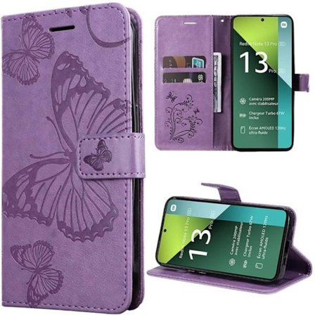 Stötsäker skal - Xiaomi - Redmi Note 13 Pro 5G - PU-läder - Stöd - Fjärilmönster - Lila