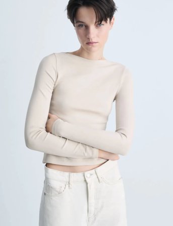 Mango Cotton Boat Neck T-Shirt - Cream - XS