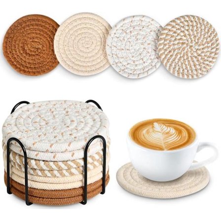 8 stk Runde Brikker Med Holder - Runde Håndlagde Vevde Brikker - 11cm - Forhindrer Vannmerker, Varmeskader Og Riper - For Drikker, Bar, Kjøkken