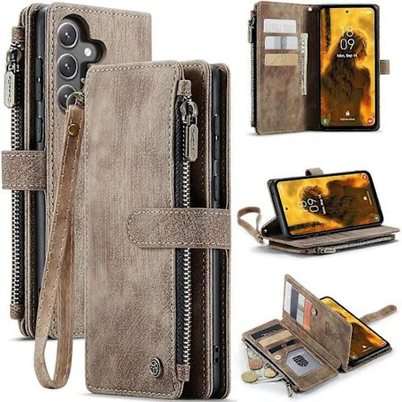 til Samsung Galaxy S24 Pung Etui med Kortholder, Robust PU Læder Etui til Kvinder Mænd Magnetisk Flip Lynlås Armbånd Stativ Telefon Etui