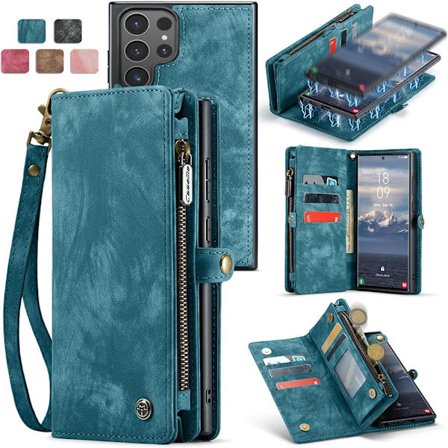 Magnetisk Læderpung Etui til iPhone 16 & Samsung, 2-i-1 Flip Etui med Kortholder & Lynlåslomme, Retro Blå Blå Blue_sai