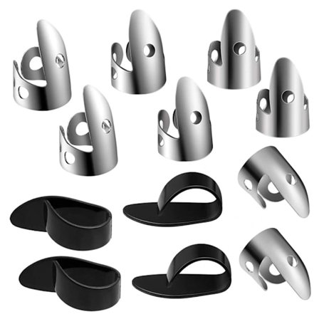 12 sett med fingerplekter i stål for gitar, banjo og andre