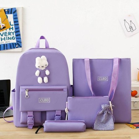 Skoleveske for jenter, 5-delt, søt og trendy liten ryggsekk - lilla