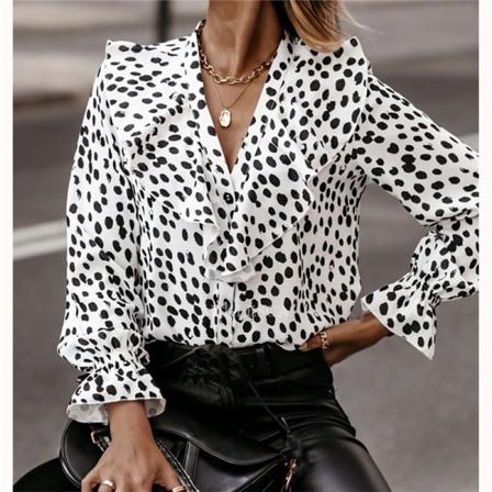 V-hals Volangknappar Långärmad Printed Skjorta Topp Kvinnlig