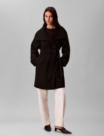 Calvin Klein Funnel Neck Knee Length Wool Coa - Black - XS