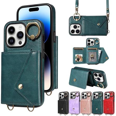 Case kompatibelt med Iphone 15 Pro Max, Pu-läder stötsäkert cover med korsband, ringhållare och korthållare Green For iPhone 15 Pro Max