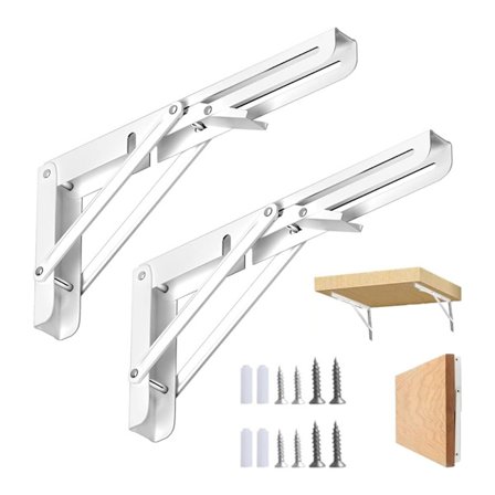 2 stk. sammenklappelige firkanter, 300 mm sammenklappelig firkant, sammenklappelig hyldebeslag i rustfrit stål, hvid hyldebr