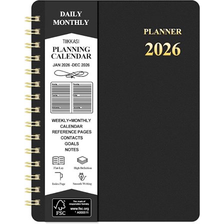 ING Agenda Planner 2026 15x21 cm viikko- ja kuukausinäkymällä, talvinen design, kierreselkä, joustava muovikansi, musta, tuottavuuteen ja
