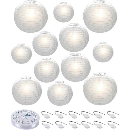 12 stk. Papirlanterner, 6" 8" 10" 12" Runde Papirlanterner med LED-lanterne Lys til Indendørs og Udendørs Dekoration