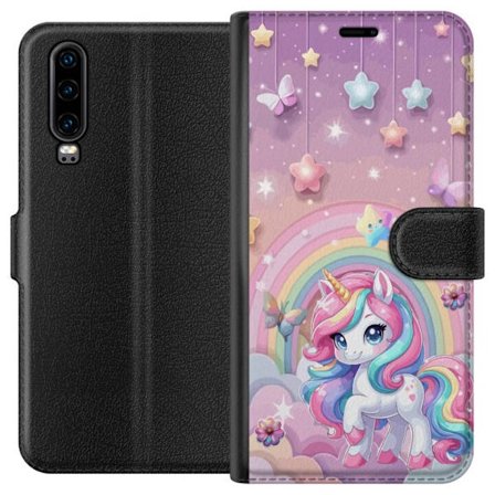 Kompatibel Tegnebogsetui til Huawei P30 Magisk enhjørning med regnbue manke, stjerner og sommerfugle mod en pastelfarvet himmel med skyer