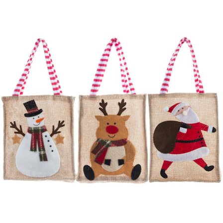 Julejutesekk, Juleposer med Håndtak | 3X Jutesekker med Nisse Snømann med Håndtak | Små Jutesekker, Gaveposer, Vesker