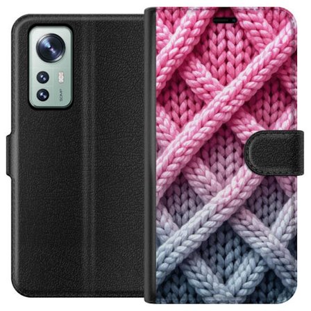 Yhteensopiva Lompakkokotelo Xiaomi 12 Lähikuva kudotusta tekstiilikuviosta vaaleanpunaisissa, harmaissa ja valkoisissa sävyissä, joissa on tuntoais