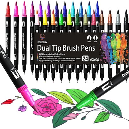 24 Colored Felt Tip Pens Set Dual Brush Art Markers for Kids Adults Coloring, Fineliner and Brush