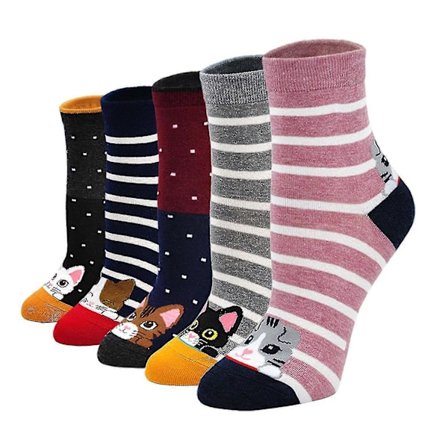 5 par Dam Polka Dot Crew Strumpor Söta Djur Present Hög Elastisk Tecknad Katt Mjuk-ZZY