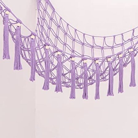 Hengende plysj hengekøye (lilla) blonder hengekøye med tre dusk fylt dyr arrangør, stor plysj horn, mesh hylle for barnehage, lekerom, soverom