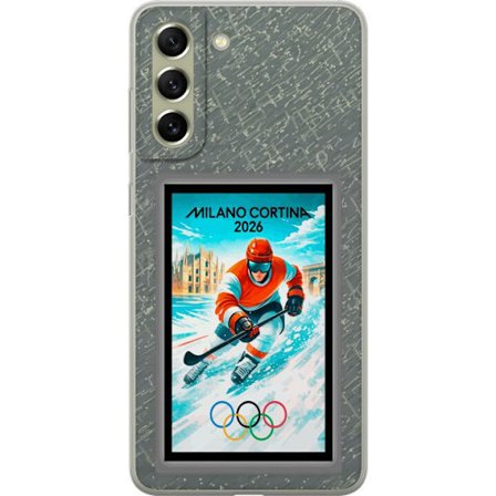 Kompatibelt Mobildeksel til Samsung Galaxy S21 FE 5G Curlingillustrasjon med spillere og stein på is, Milano Cortina 2026, snøsprut og olympiske ringe