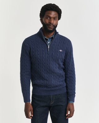 GANT - Kabelstrikket genser med half-zip til herre dk jeansblue melange
