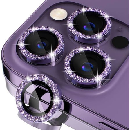 [3+1] til iPhone 14 Pro/iPhone 14 Pro Max Kameralinsebeskyttelse Bling, 9H Hærdet Glas Kamerabeskyttelsesskærm, Metal, Lilla Glitter