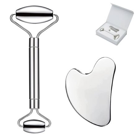 Gua Sha sæt og rulle til ansigtsmassage i rustfrit stål til massage af ansigt, øjne og nakke.