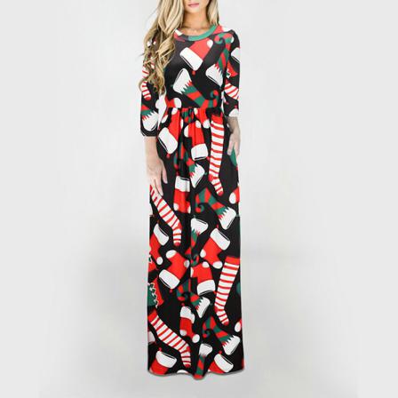 Kvinnor Långärmad Crew Neck Xmas Long Dress Swing Maxiklänningar