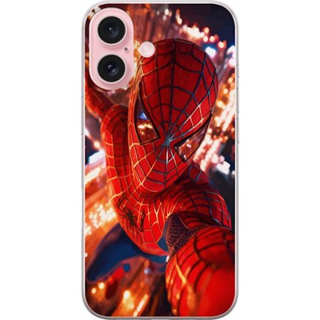 Yhteensopiva Puhelinkuori Apple Apple iPhone 16 Spider Man intensiivisessä toiminnassa välkkyvien valojen ja dynaamisen perspektiivin kera elokuvama