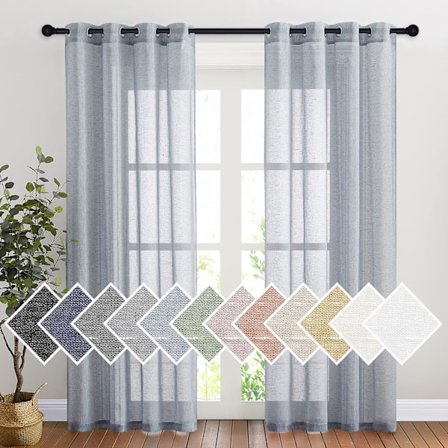 Linteksturerte, halvtransparente gardiner - 213 cm lengde (sett med 2) - 132 cm brede maljepaneler i sjødis, lysfiltrerende for soverom/gjesterom