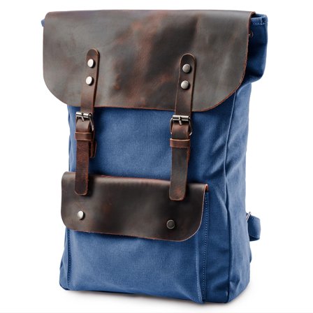 Vintage-Style Navy Blue Leather & Canvas Backpack for Men - Backpacks