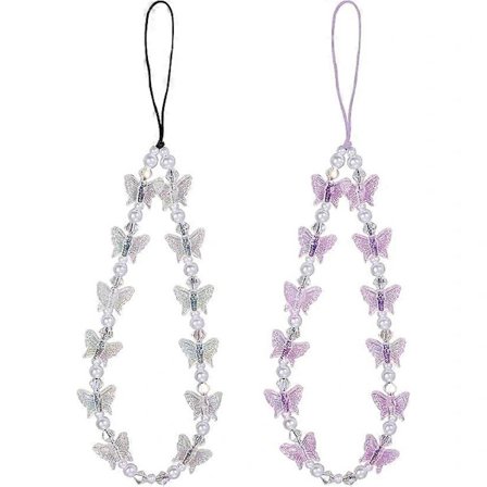 2-pack Phone Charm Pearl Wrist Strap, Crystal Butterfly Beaded Phone Lanyard Wristlet for Phone Keychain Charm for Women Girls
