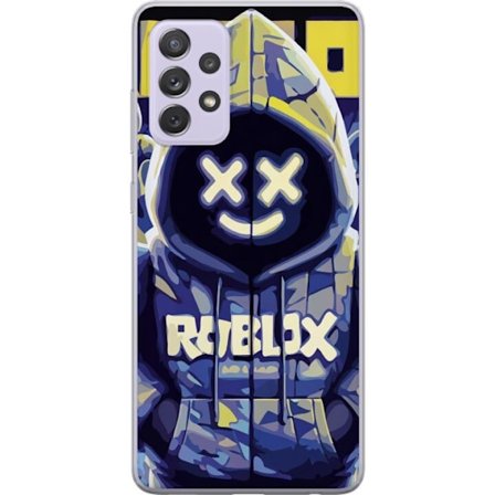 Kompatibelt Mobildeksel til Samsung Samsung Galaxy A52s 5G Blågul Roblox hettegenserfigur med minimalistisk neonstil og masket ansikt, moderne spilli