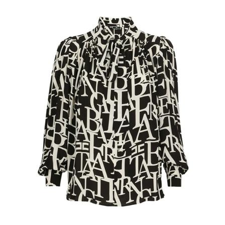 Elisabetta Franchi Bluse in georgette fabric with lettering print and sash Bælte Sort, Dame