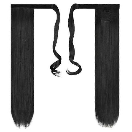Dame 61 cm lang wrap-around hestehale-extension, rett syntetisk hårforlengelse, hårstykke, svart (Fww)