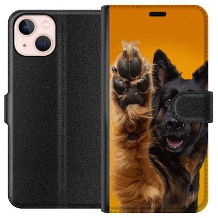 Kompatibelt Plånboksfodral till Apple Apple iPhone 13 Glad hund vinkar med tassen charmigt djurporträtt på gul bakgrund perfekt för hundälskare