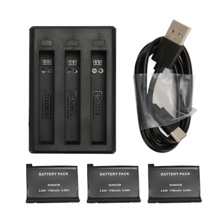 Kameran akku latausasemalla, 3-kanavainen akkulaturi ja 3 kpl 1700 mAh:n vara-akku Type C -kaapelilla