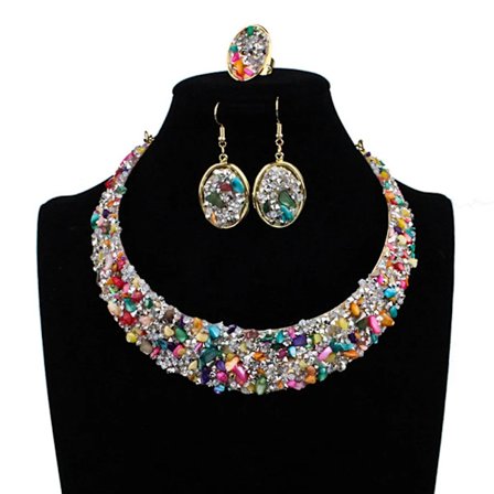 Flerfärgat halsband örhängen ring set, bröllop smycken för brud & brudtärna