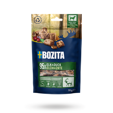 Bozita Snacks Meaty Bites Elk & Duck 70g - Matskåler, Hundegobiter & Tyggeben til hund & katt på Doggie.no