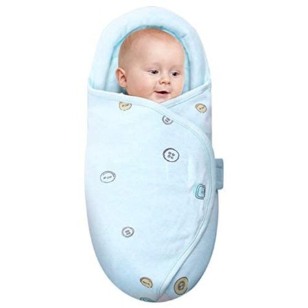 Neutral baby swaddle och wrap med huvudskydd och huvudstöd i kammat bomull (knappar, blå, 0 - 3 månader)