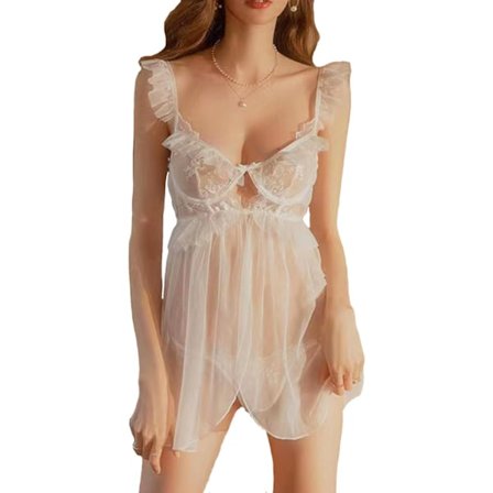 Uusin malli 2025 Naisten alusvaatteet edestä suljettava Babydoll seksikäs Chemise-yöpaita pitsinen yöpuku morsiamen yöpuku joulu valkoinen