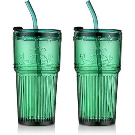 550 ml glass med sugerør og lokk, sett med 2 glass med preget hvalmønster, drikkeglass med sugerør, grønn