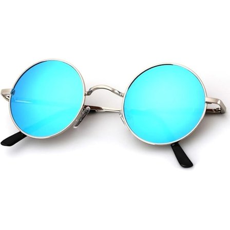 Runde Polariserende Solbriller til Mænd Kvinder Små Retro Metal John Lennon Stil (Sølvfarvet Stel Blå Linse)