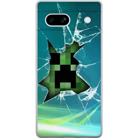 Kompatibel Mobilcover til Google Google Pixel 7a Minecraft Creeper gennem knust glas med dramatisk eksplosionseffekt, hvor den ikoniske Creeper bryder