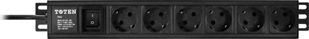 TOTEN Grenuttag 19", 6 jordade kontakter, strömbrytare, 3m kabel