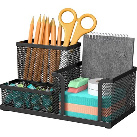 Metal Mesh Pen Holder, 3-rums skrivebordsorganisator - Skridsikker sort penneholder til kontor, skole og hjem, stilfuld opbevaring til arbejdsområdet